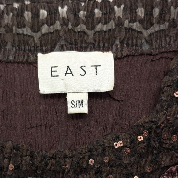 Brown sleeveless ruched top with sequined neck/hem, Size S - Picture 3 of 7